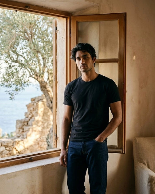 Man wearing the Hallberd Classic Crew T-Shirt in black with dark indigo jeans, standing by an open window with an olive tree and the sea outside