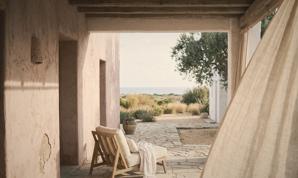 Sunlit veranda of a clay-pink Mediterranean house with a linen curtain, lounge chair and a view to the sea